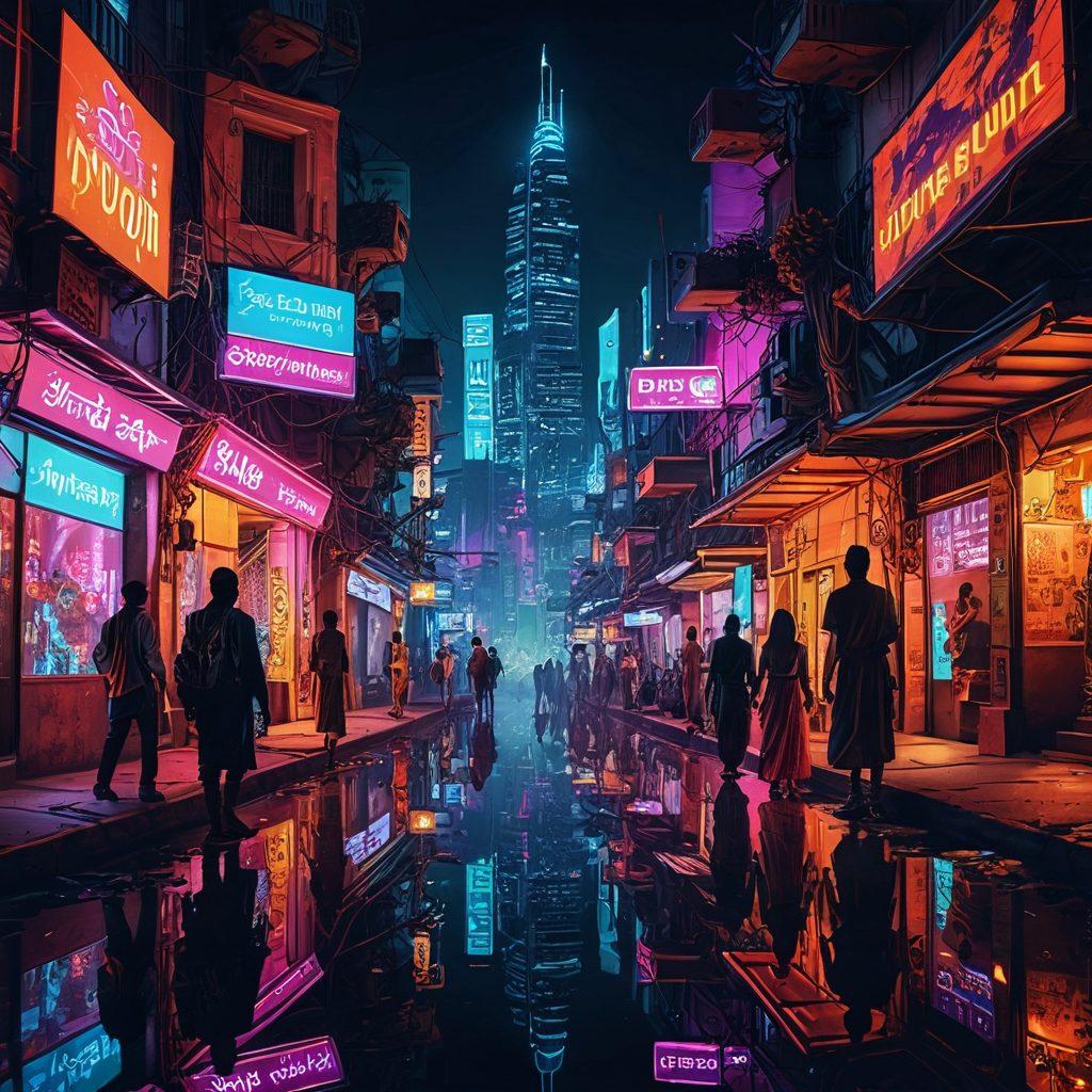 A captivating digital collage that illustrates the juxtaposition of traditional Indian culture with modern digital elements, featuring a vibrant cityscape at night, neon lights, and silhouettes of diverse individuals engaging with technology. Symbols of desire and intimacy subtly integrated, like floral patterns and sensual shapes. Incorporate an ethereal glow to enhance the allure of the scene. cyberpunk. vibrant colors. surrealistic.